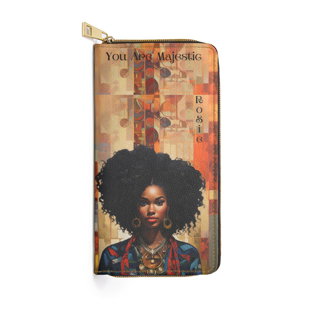 Wallet with artistic design of a woman with an afro on a white background