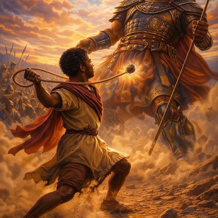 Illustration of a warrior and a young boy in a desert setting with a dramatic sky.
