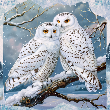 Two snowy owls perched on a branch in a winter landscape with trees and snow.